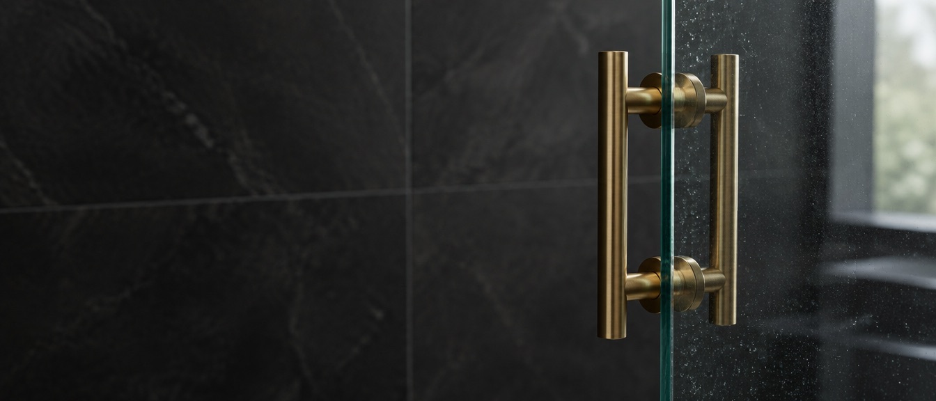 A brushed brass back-to-back pull handle mounted through a frameless glass shower door, dark stone tile behind.