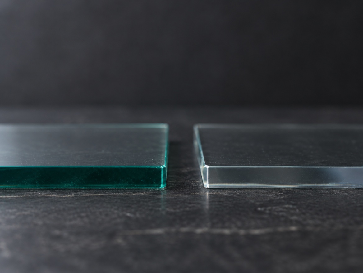 Two pieces of half-inch glass on dark stone. The left edge is bottle green; the right, low-iron edge is nearly colorless.