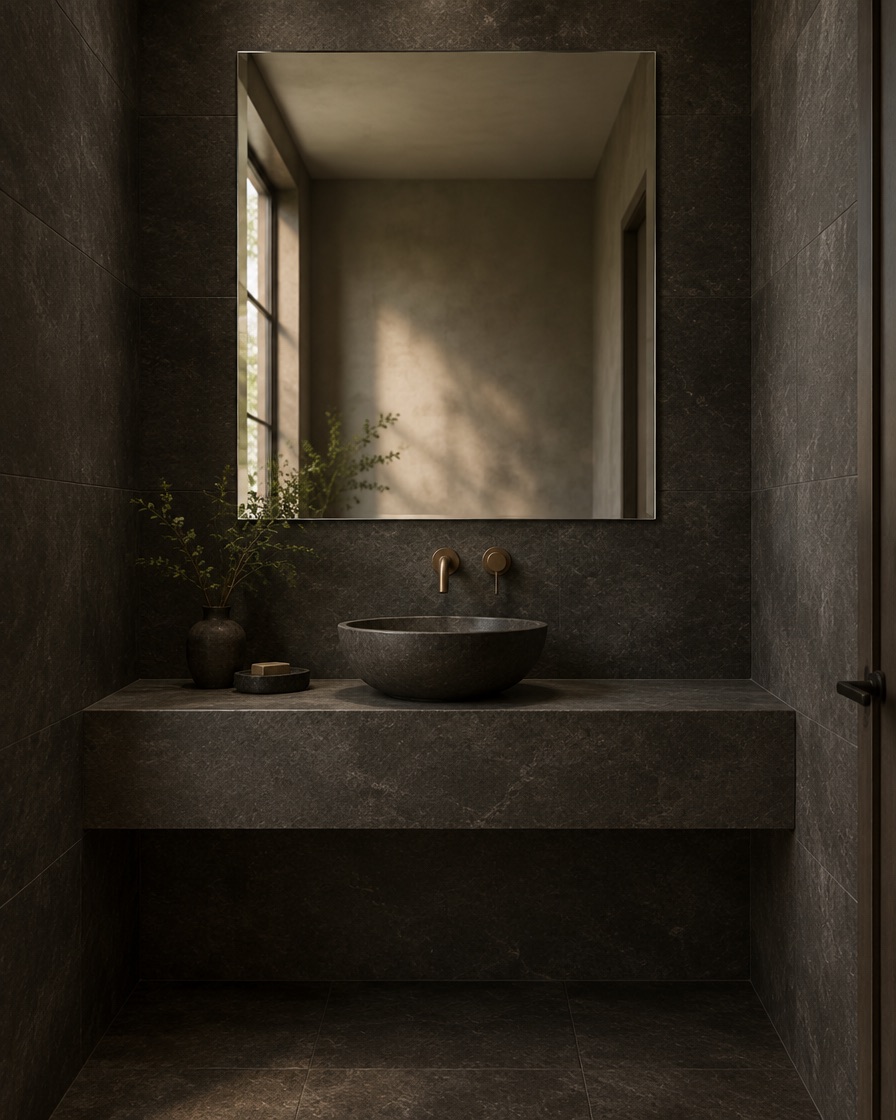 A dark stone powder room with a stone vessel sink and a large frameless mirror reflecting window light.