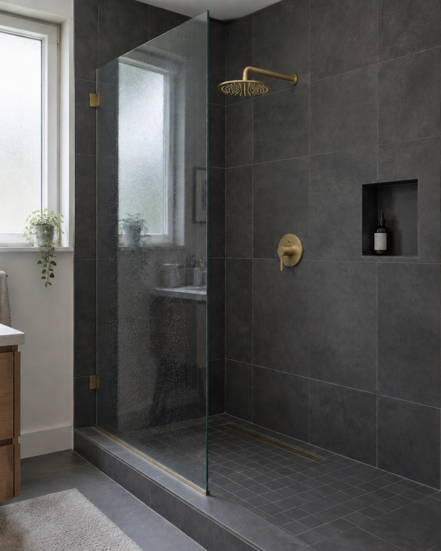 A walk-in shower with a frameless clear glass panel held by two brushed brass wall clamps, dark gray tile and a brass rain head.