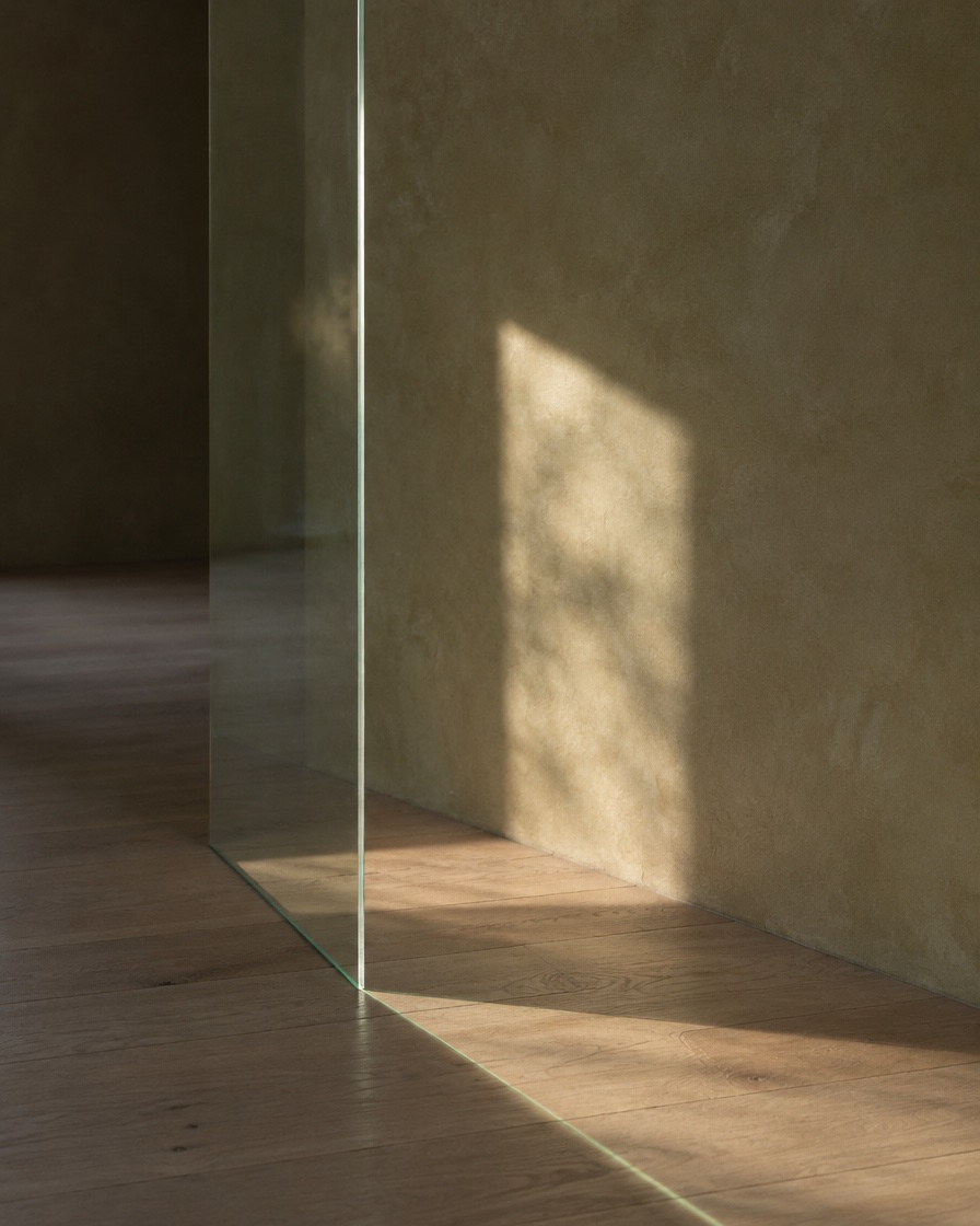 Low sun passing through an interior glass partition onto an oak floor and plaster wall.