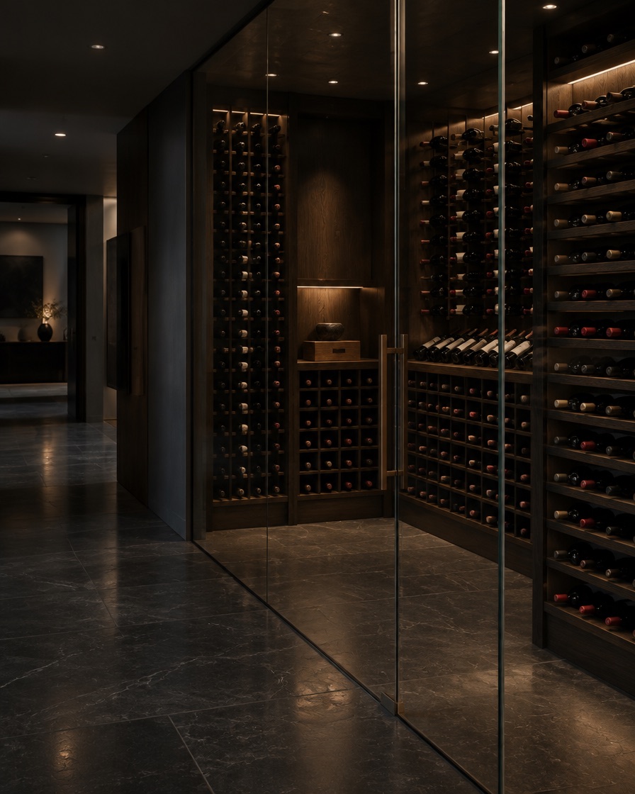 A wine room behind a floor-to-ceiling clear glass wall and glass door, seen from a dim stone hallway.